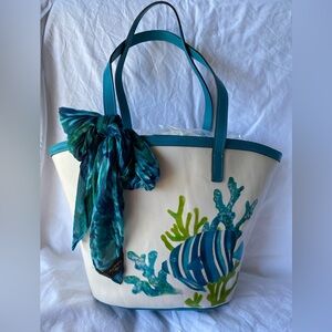 NWT - PATRICIA NASH Stripped Sea Life leather Tote Bag with Teal Trim